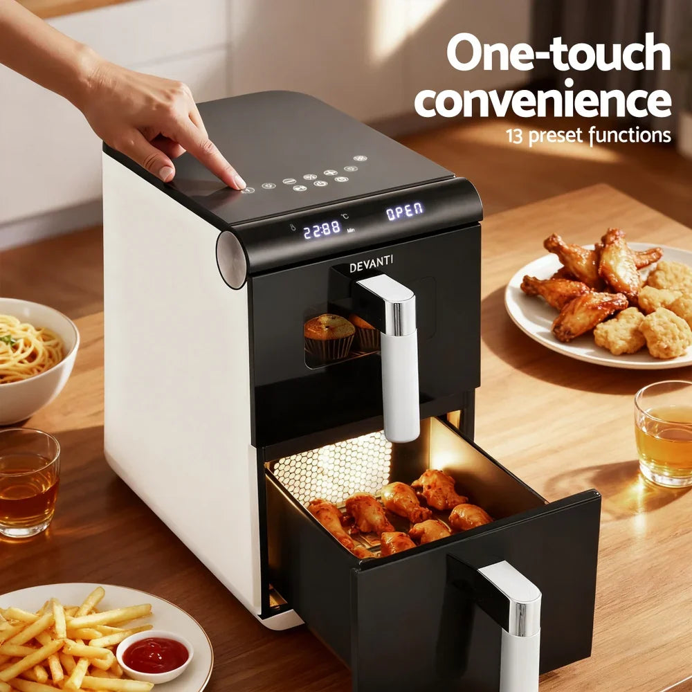 Devanti air fryer on kitchen table with food, digital display, and one-touch controls