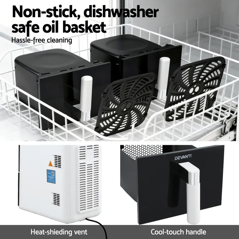 Non-stick dishwasher safe oil baskets with cool-touch handle and heat-shielding vent
