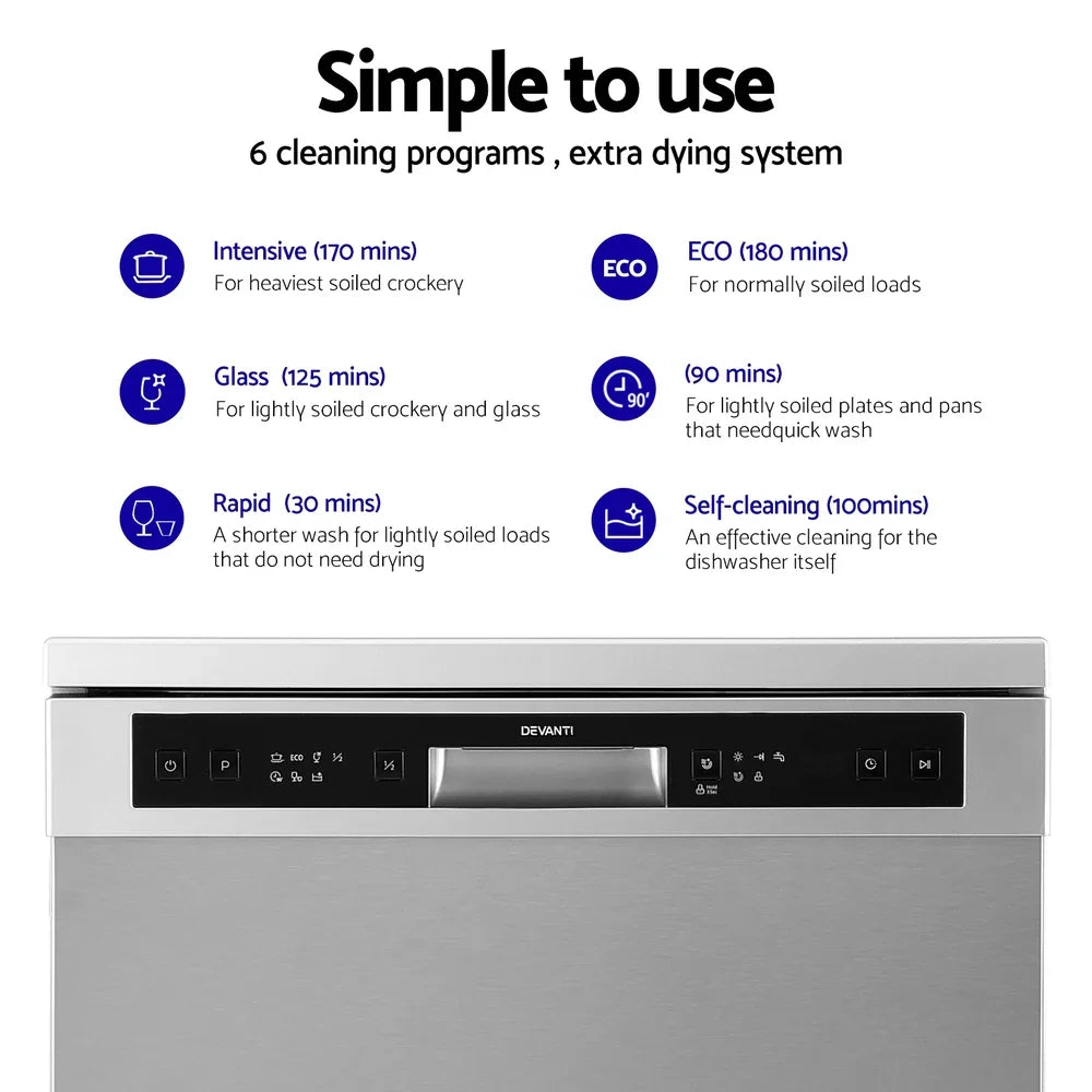 Devanti 60cm 14 Place Freestanding Dishwasher - Silver