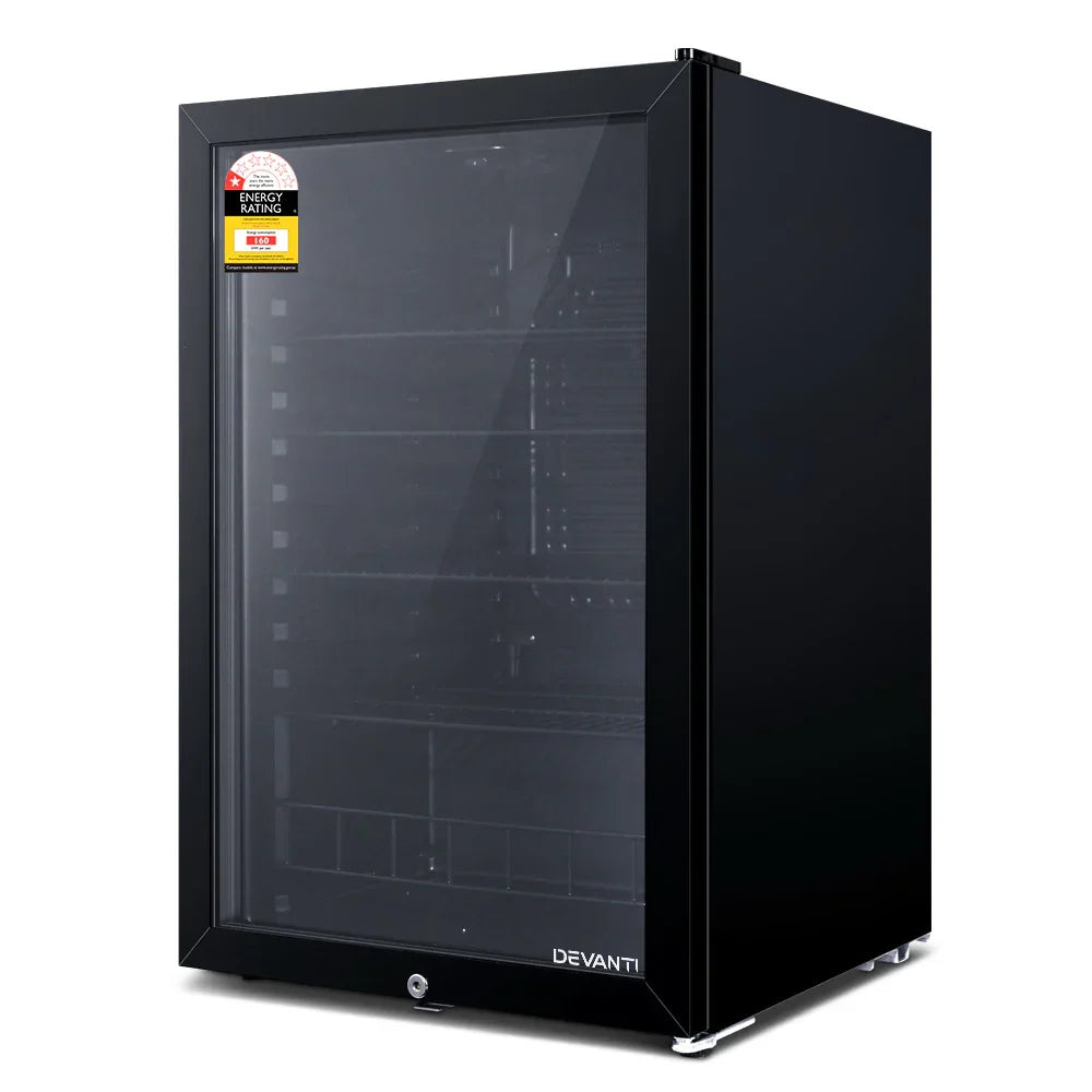 Devanti 115L Bar Fridge Glass Door with LED Light - Black