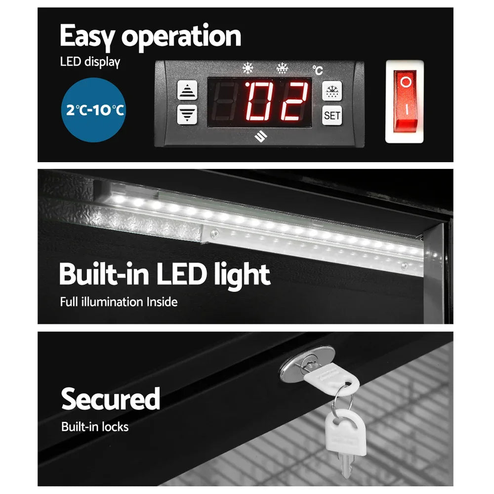 Devanti 198L Bar Fridge Dual Glass Door with LED Light - Black