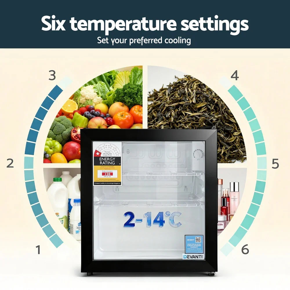 Devanti 40L Bar Fridge Glass Door - Black