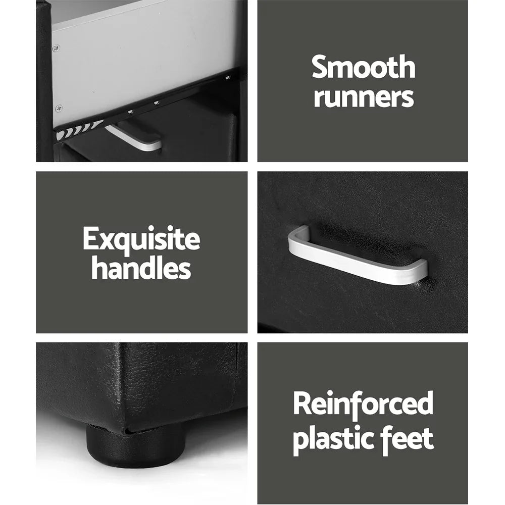 Black storage furniture details with smooth runners, exquisite handles, reinforced plastic feet
