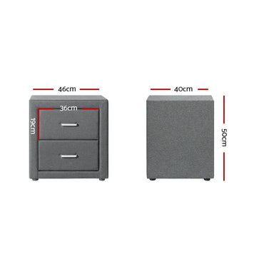 Gray upholstered bedside table with two drawers, shown with detailed measurements in centimeters