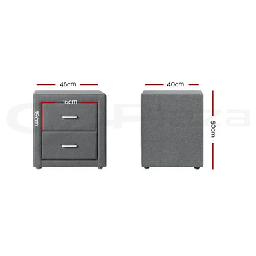 Grey upholstered nightstand with two drawers, shown with dimensions 46x40x50cm