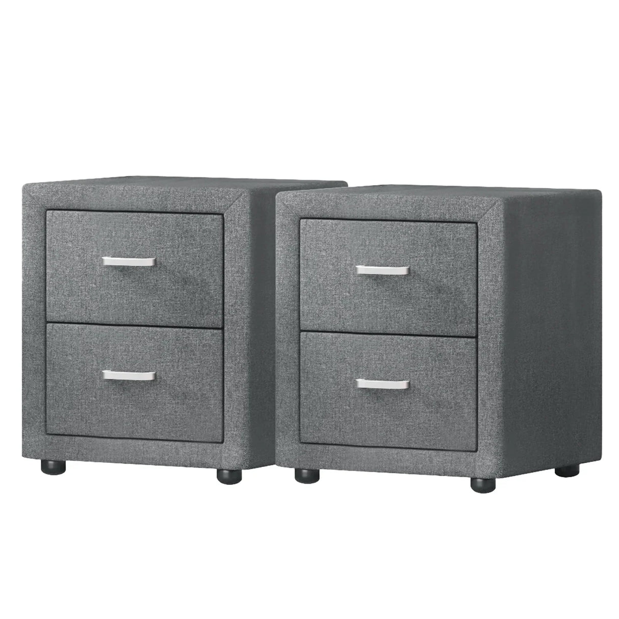 Pair of modern gray fabric nightstands with two drawers and sleek metal handles