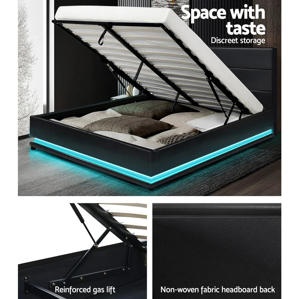 Black storage bed with gas lift mechanism and LED light strip, showcasing discreet under-bed storage and fabric headboard back