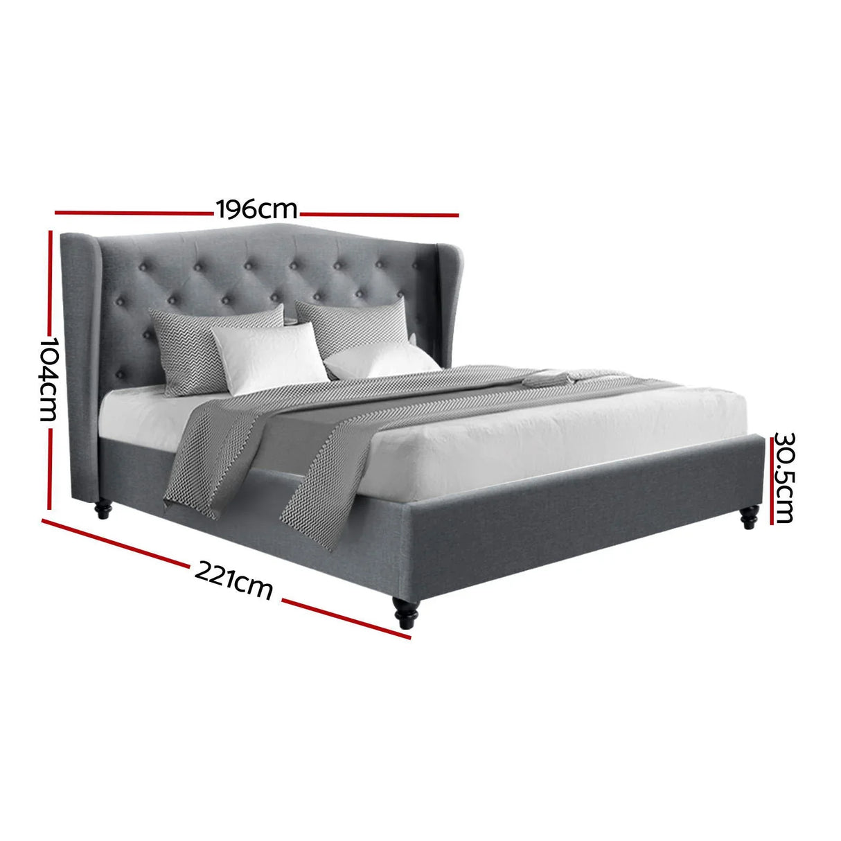 Gray upholstered bed with tufted headboard, decorative pillows, and measured dimensions