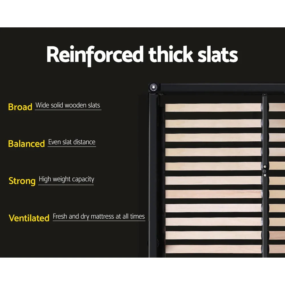 Close-up of reinforced wooden bed slats in black frame with text highlighting broad, balanced, strong, ventilated features