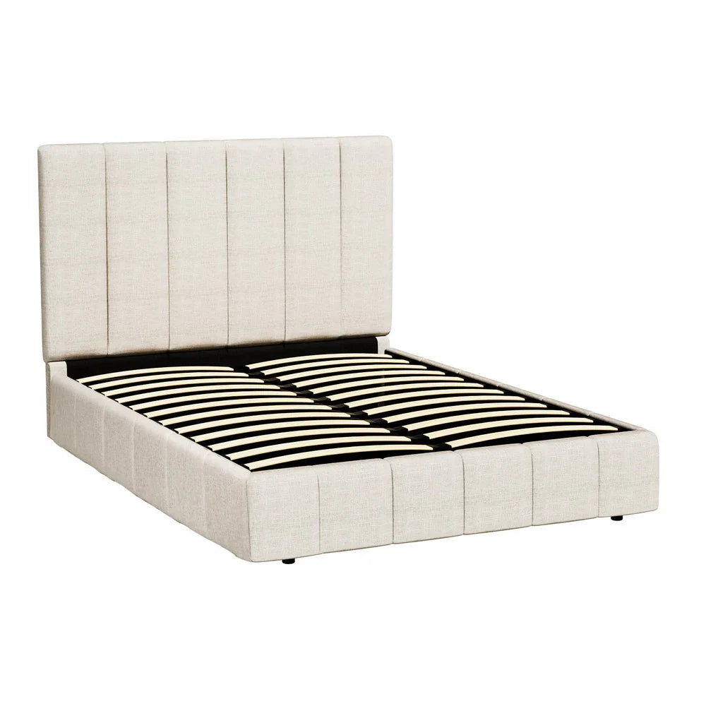 Modern beige upholstered platform bed frame with vertical stitched headboard and wooden slats