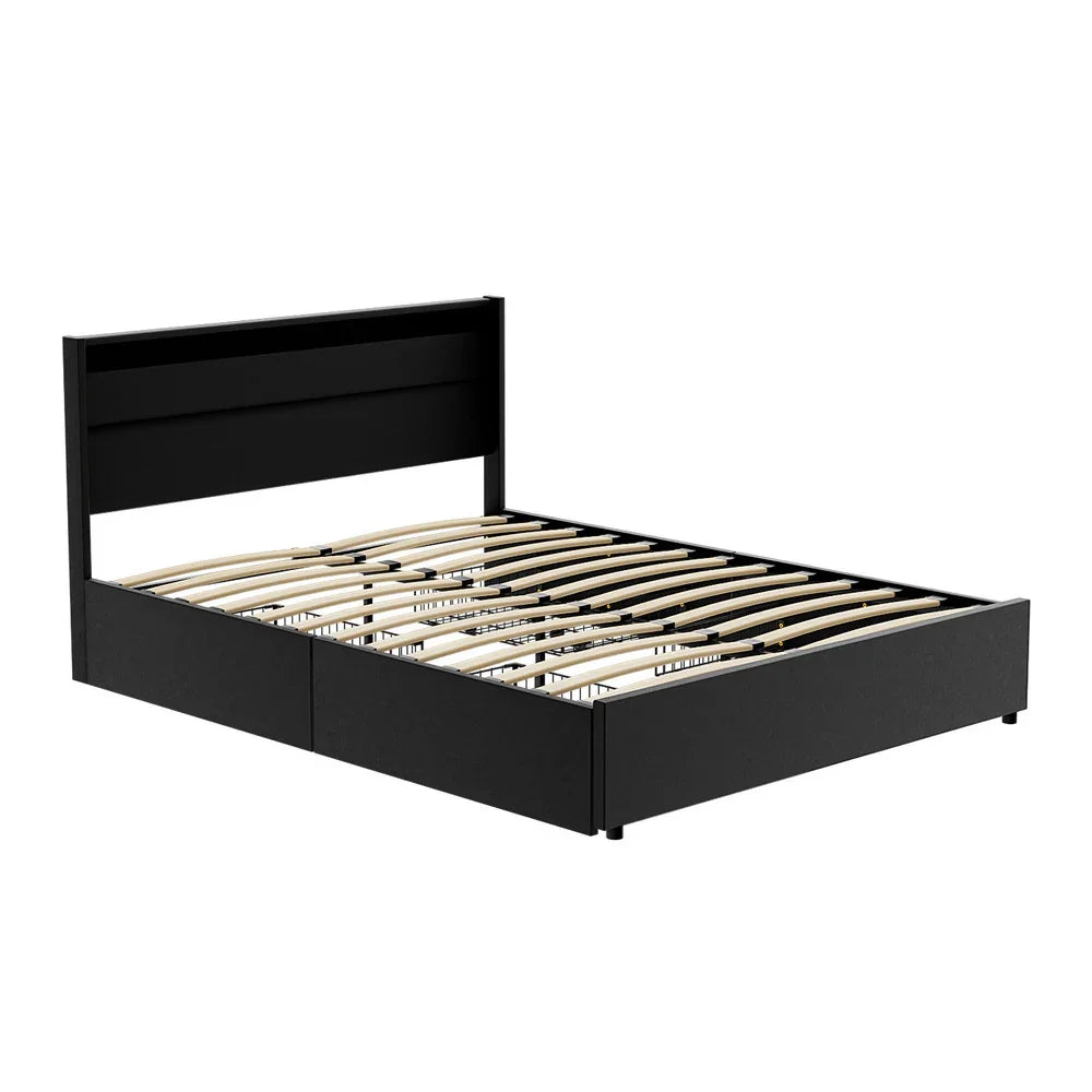 Black wooden bed frame with slatted base and panel headboard, modern design