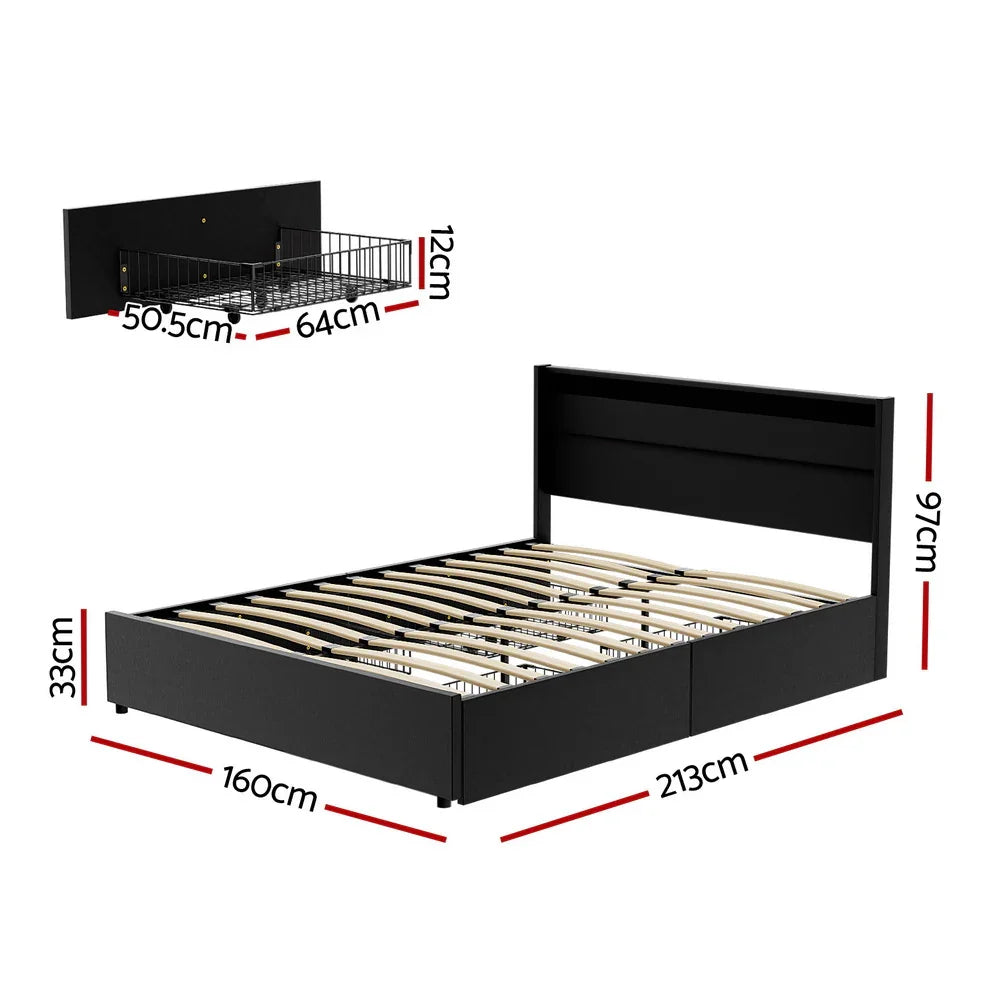 Black wooden bed frame with slatted base and headboard, including detailed dimensions, plus wall-mounted wire basket shelf