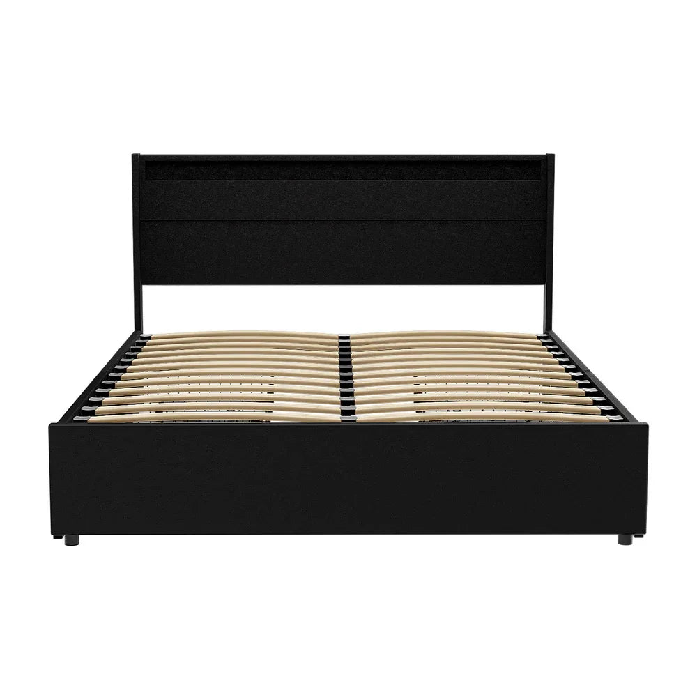 Black platform bed frame with slatted wooden support and tall rectangular headboard
