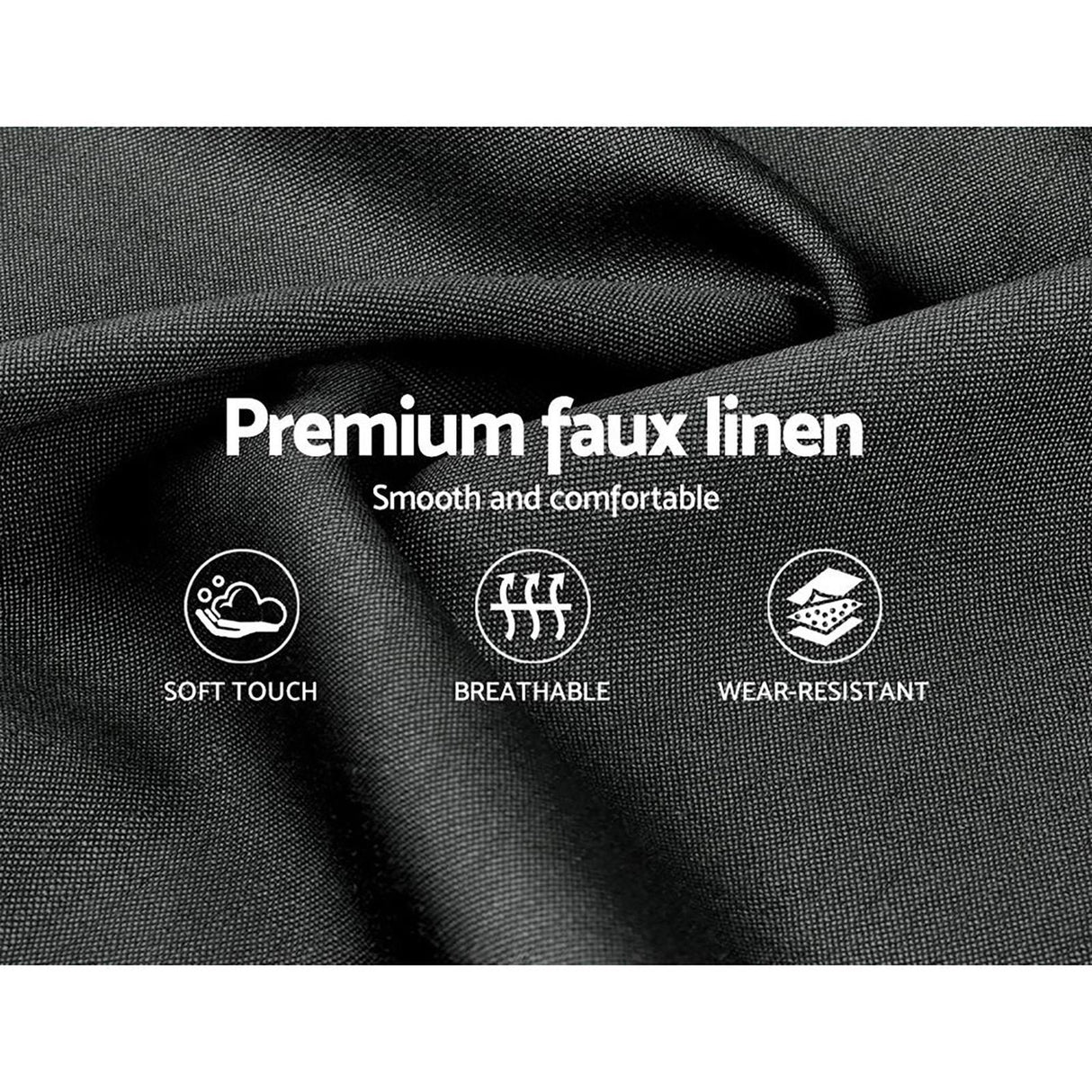 Close-up of black premium faux linen fabric with soft touch, breathable, and wear-resistant features