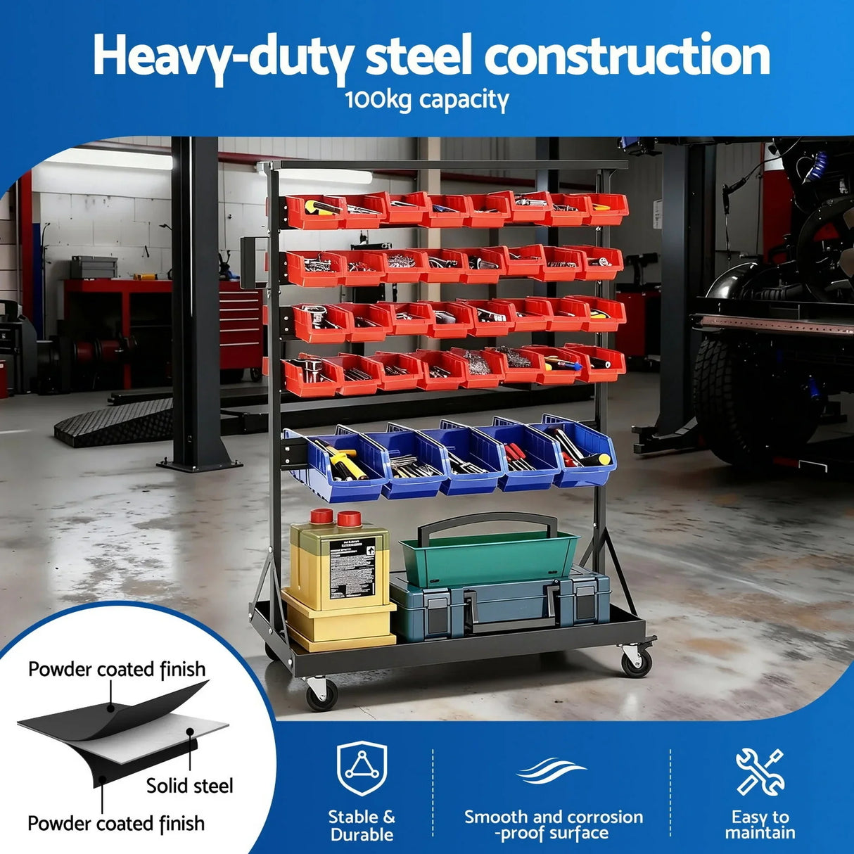 Giantz 74 Bins Storage Rack Double Sided Mobile Garage Workshop Tools Organizer