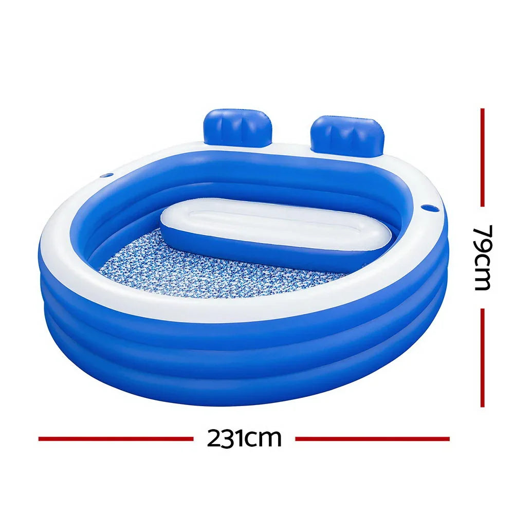 Blue and white inflatable round pool with built-in bench and backrests, 231x79 cm size