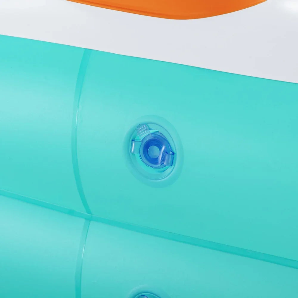 Close-up of colorful inflatable pool float valve and blue, orange, white sections