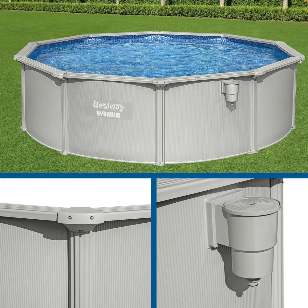 Bestway Hydrium above ground round pool with blue water and gray metal frame on green lawn