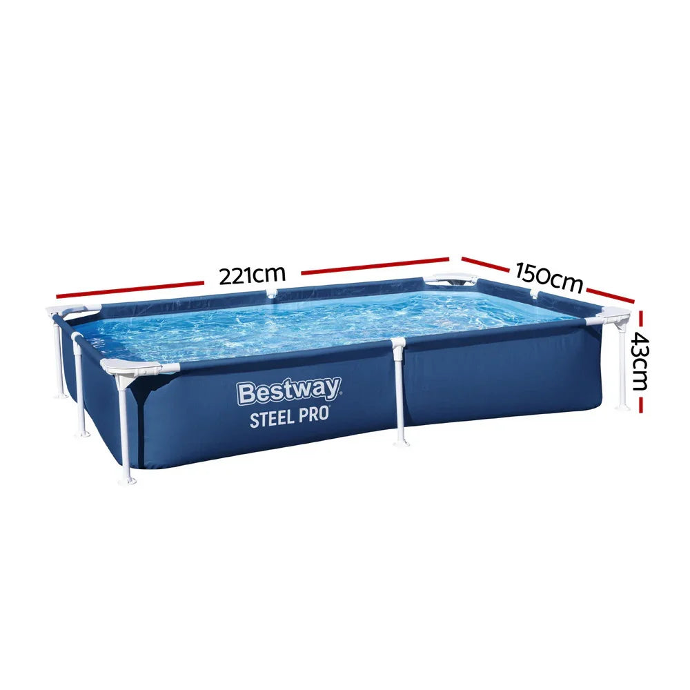Rectangular Bestway Steel Pro above-ground pool filled with water, dimensions 221x150x43cm