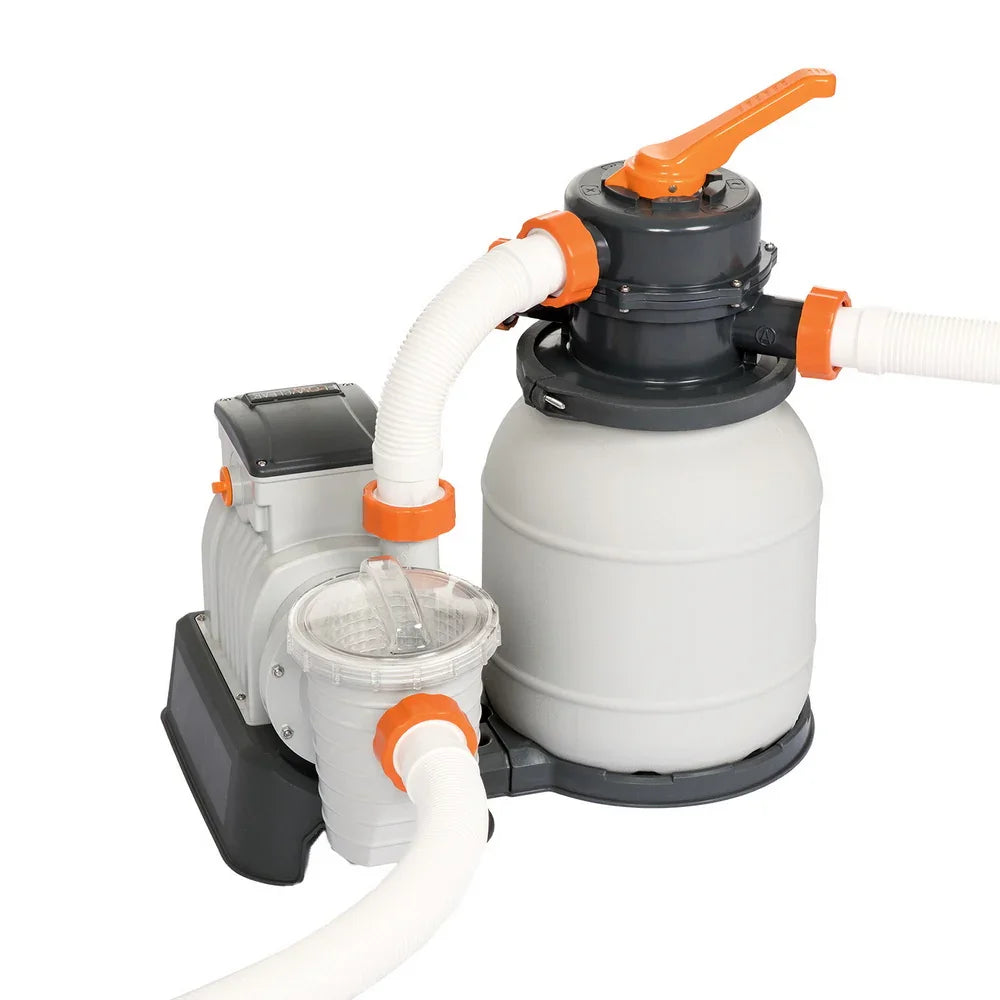 compact pool sand filter pump with white hoses and orange connectors on white background
