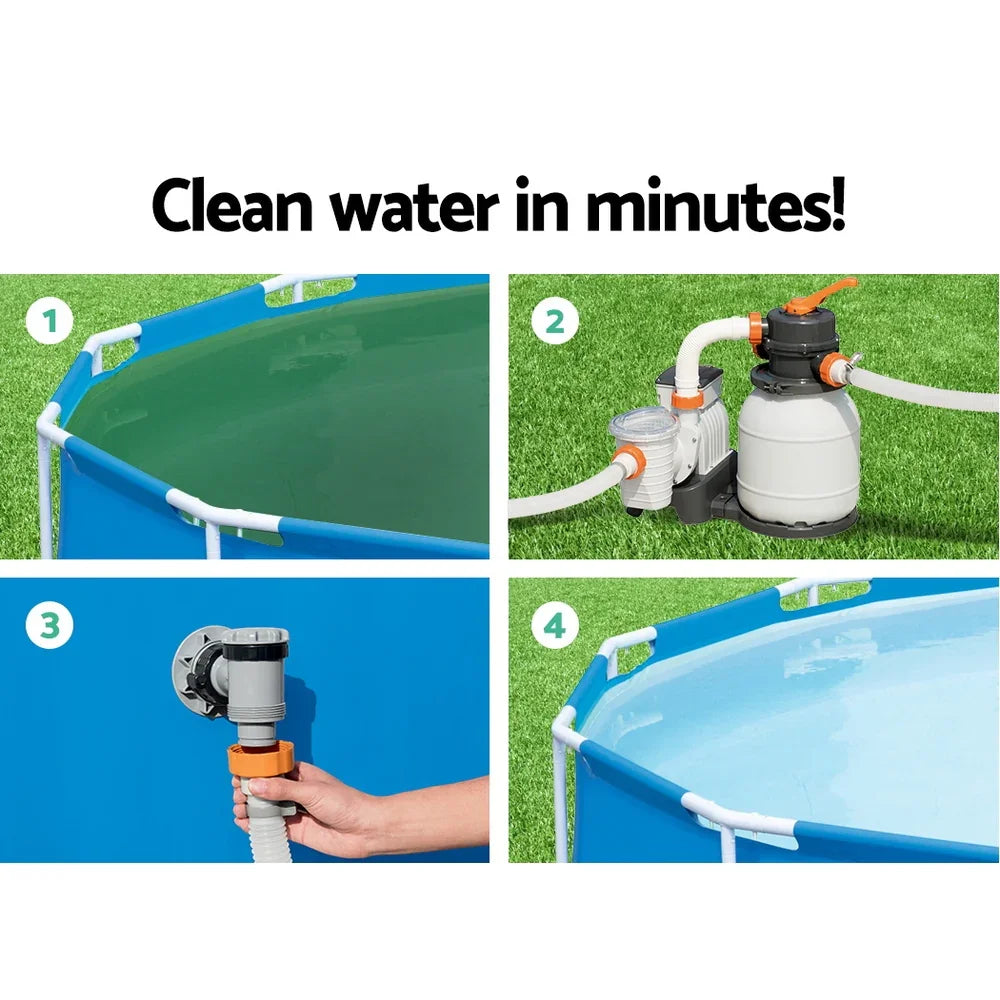 Step-by-step images showing pool water cleaning process with pump and clear water transformation