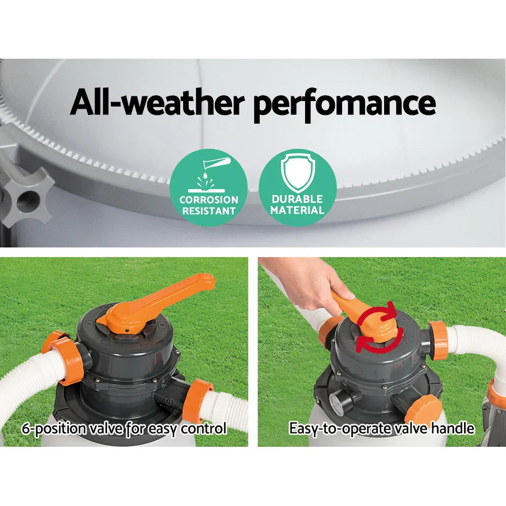 Black and orange 6-position valve with easy-to-operate handle for all-weather pool sand filter