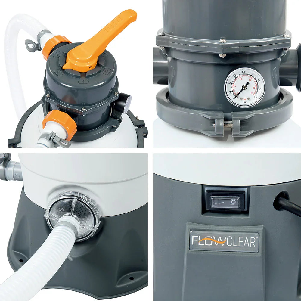 Close-up views of Flowclear pool filter pump parts including pressure gauge, valve handle, hose connection, and power switch
