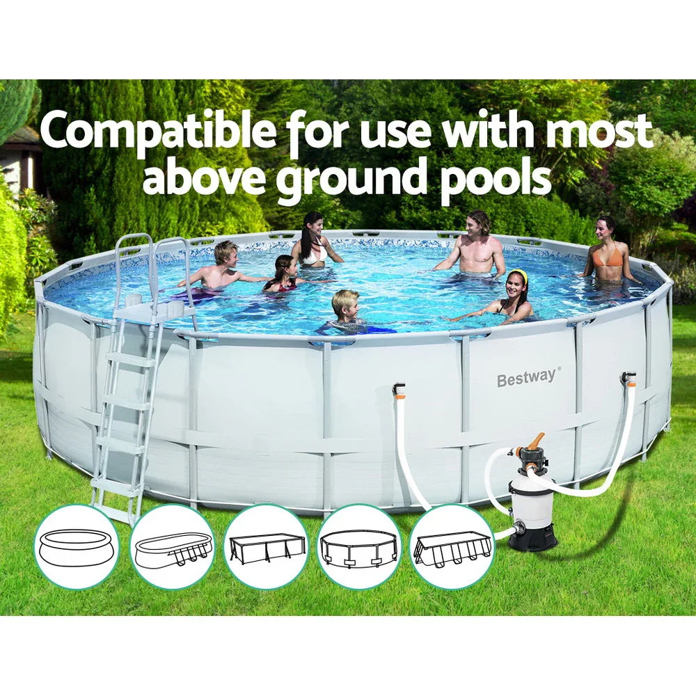 Bestway above ground round pool with six people swimming and pool filtration system on grassy lawn