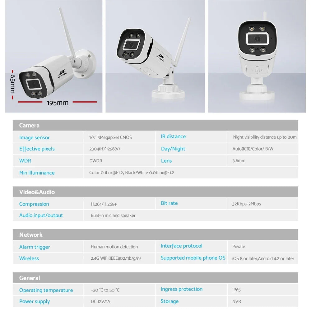 UL-tech Wireless CCTV System 8CH NVR 3MP 4 Square Cameras 2TB