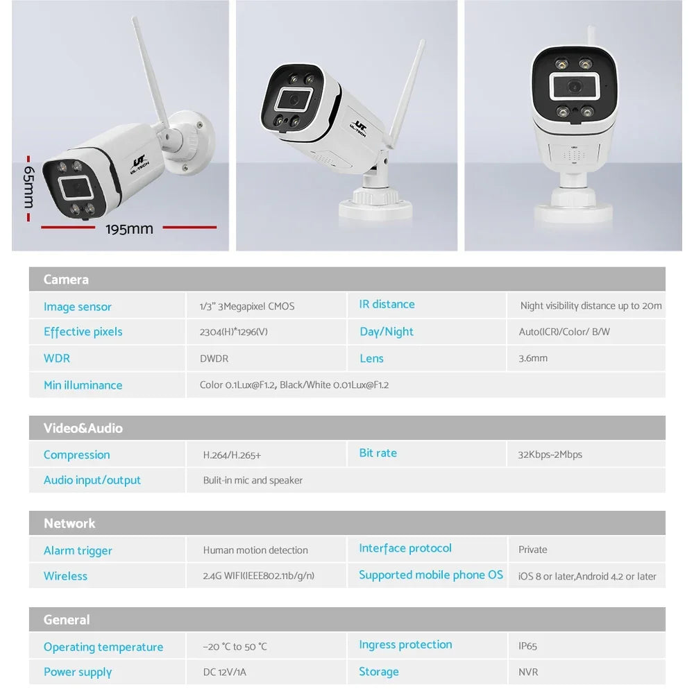 UL-tech Wireless CCTV System 8CH NVR 3MP 4 Square Cameras