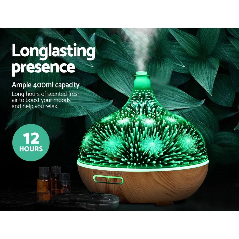 Devanti 400ml Ultrasonic Aroma Diffuser - 3D Glass Aromatherapy LED Humidifier