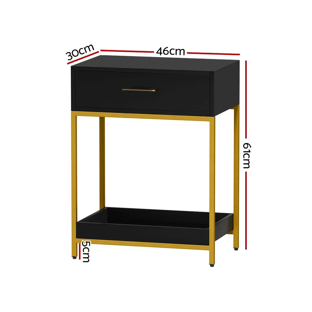 Black and gold nightstand with drawer and shelf, 46x30x61cm modern side table