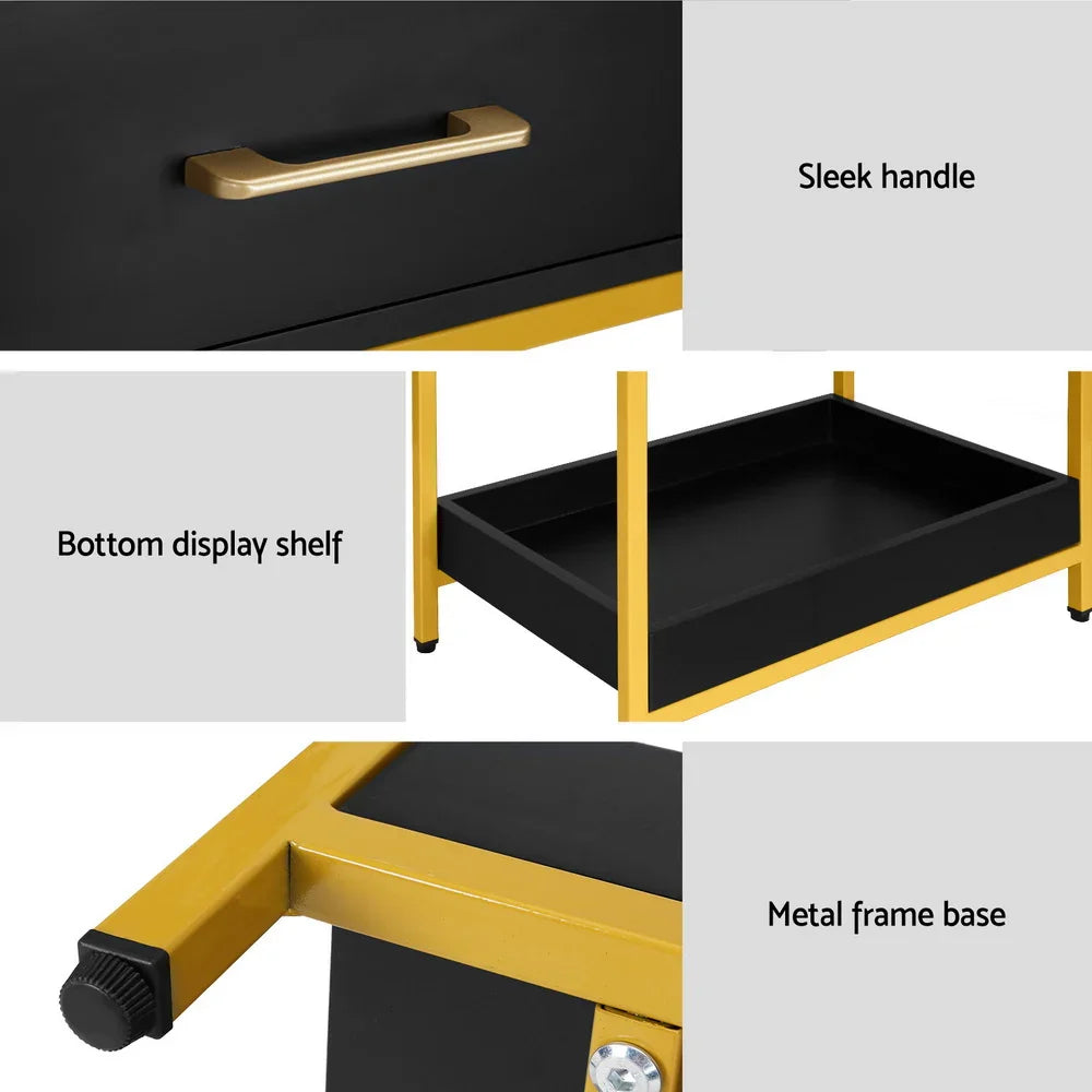 Black and gold side table with sleek handle, bottom display shelf, and metal frame base.