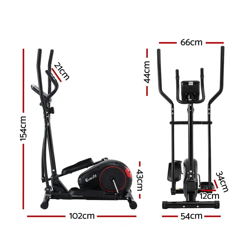 Everfit elliptical cross trainer with side and front view, labeled dimensions in cm