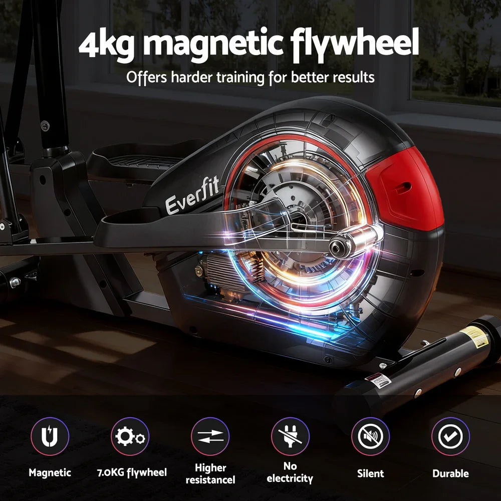 Everfit 4kg magnetic flywheel exercise machine with features icons, indoor setting