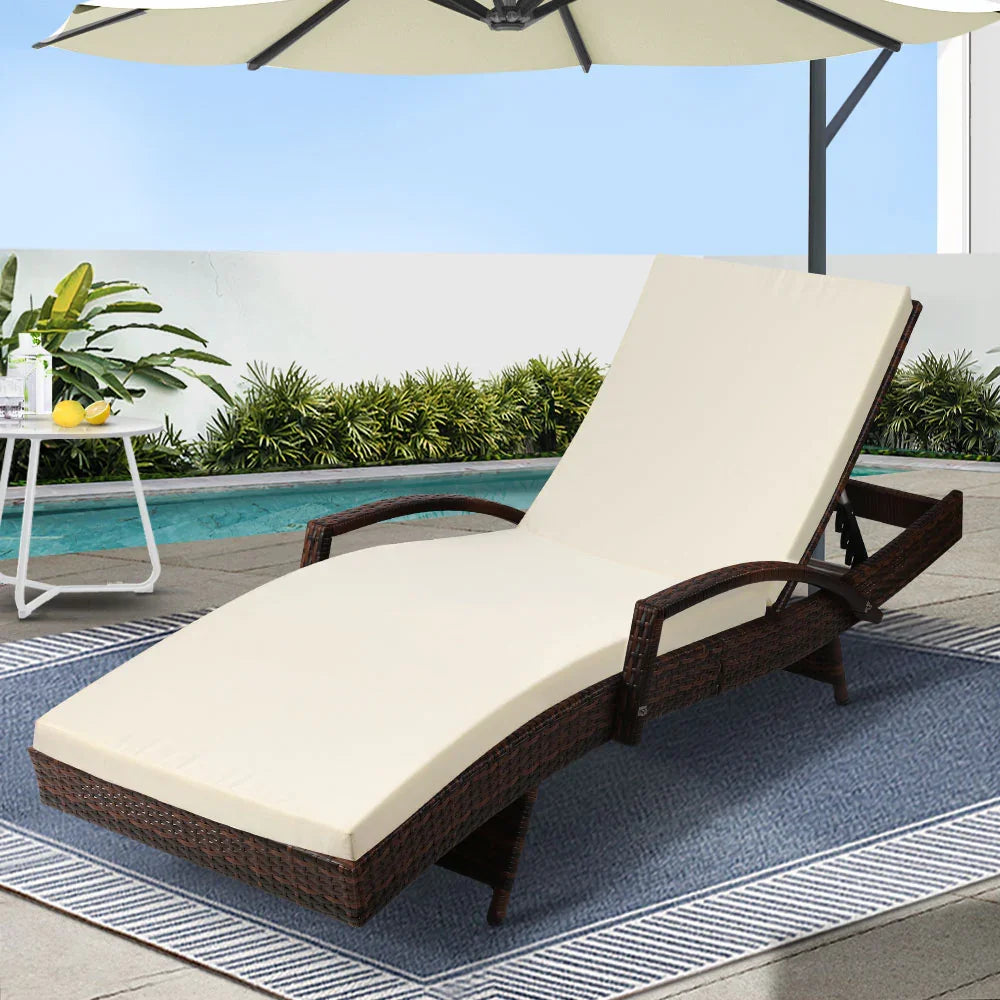 Gardeon Sun Lounge Wicker Lounger Outdoor Furniture Beach Chair Patio Adjustable Cushion Brown - Flea Market