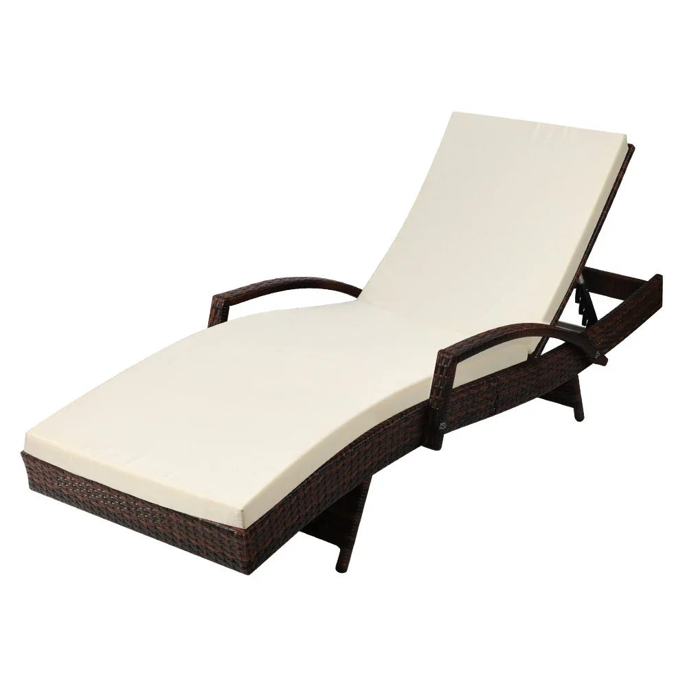 Gardeon Sun Lounge Wicker Lounger Outdoor Furniture Beach Chair Patio Adjustable Cushion Brown - Flea Market
