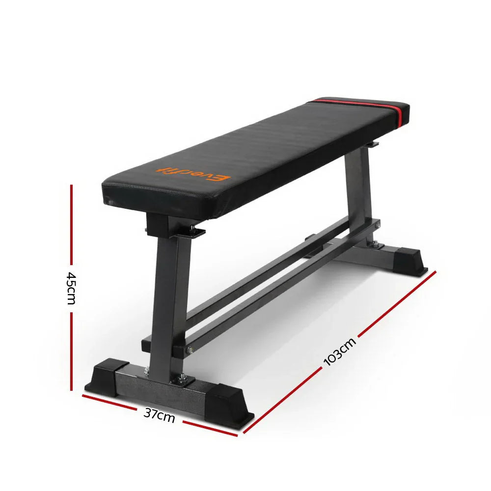 Flat weight bench with black padded top, metal frame, and dimensions 103x37x45 cm