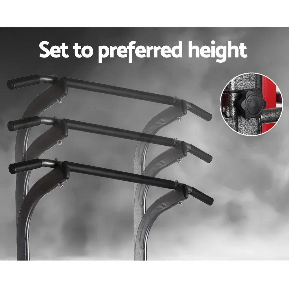 Adjustable black chin-up pull-up bar showing three height settings with knob control