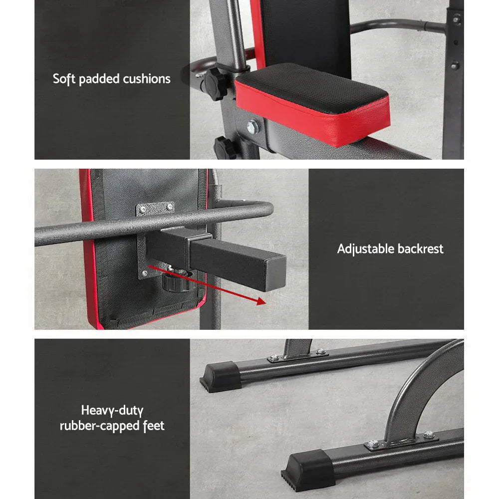 Close-up details of fitness chin-up tower showing soft padded cushions, adjustable backrest, and rubber-capped feet