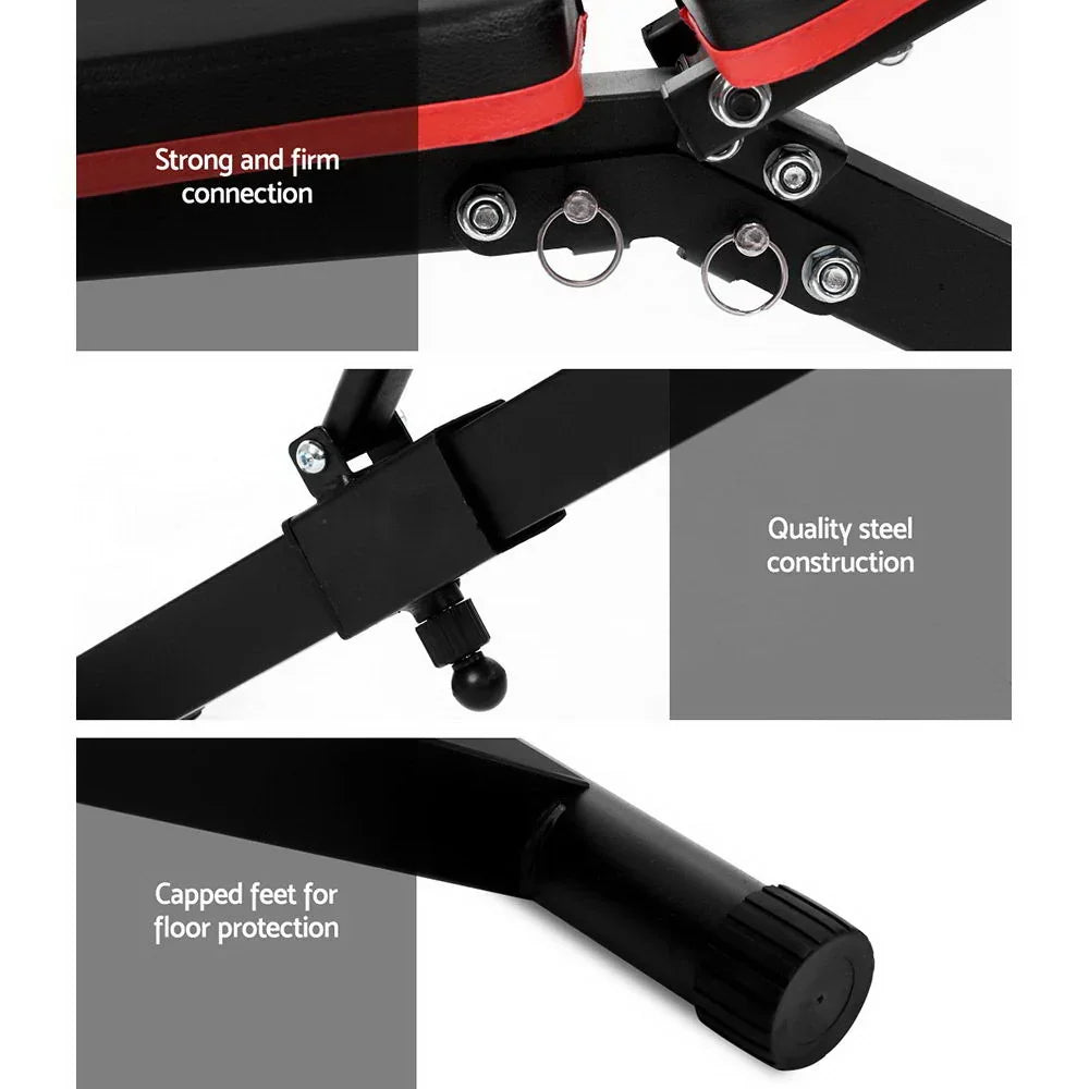 Close-up of black steel gym bench parts highlighting strong connection, quality steel, and capped feet