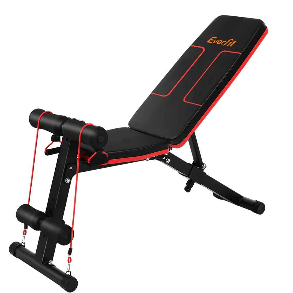 Black and red Everfit adjustable workout bench with resistance bands for home gym