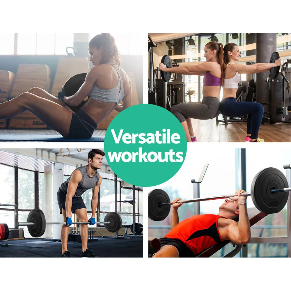 Collage of diverse gym workouts: woman doing Russian twists, two women squatting with weights, man deadlifting and man bench pressing