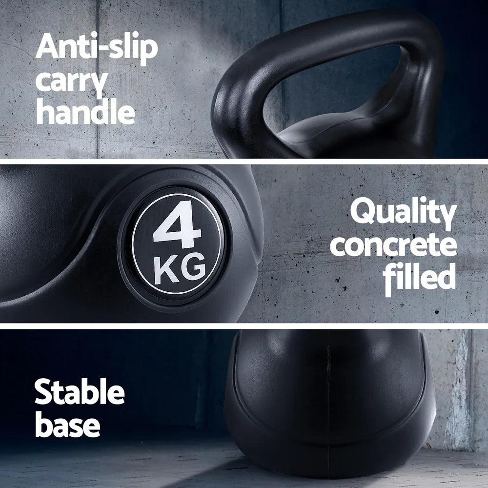 Black 4kg kettlebell with anti-slip handle, quality concrete fill, and stable base
