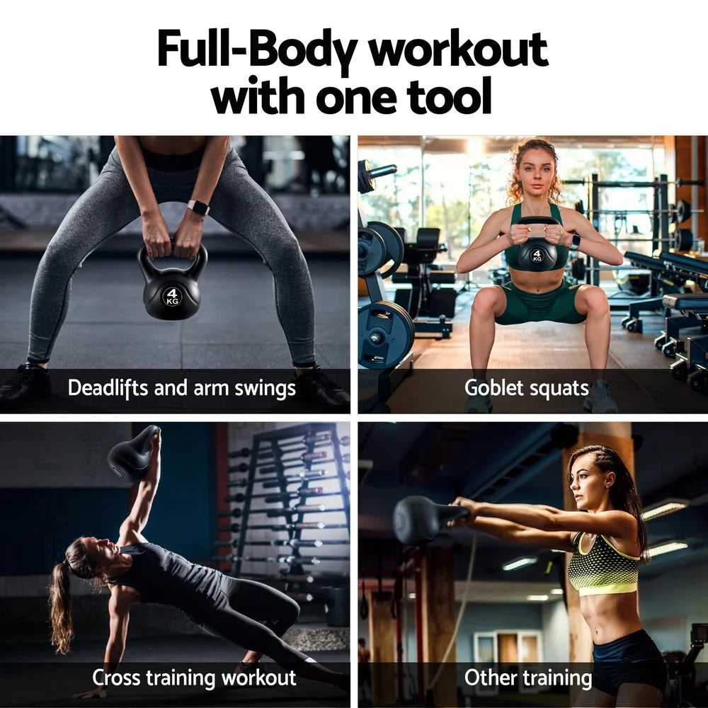Women performing full-body workouts with a 4kg black kettlebell in a gym: deadlifts, goblet squats, cross training, and swings