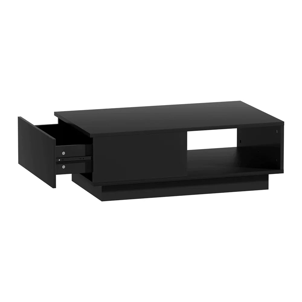 Black modern coffee table with open side drawer and lower storage shelf