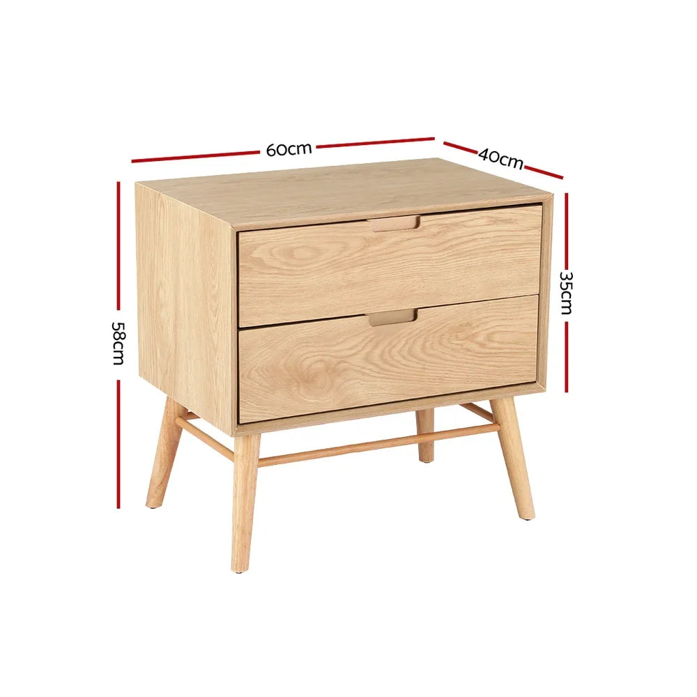 Light wood 2-drawer bedside table with splayed legs, dimensions: 60x40x58 cm