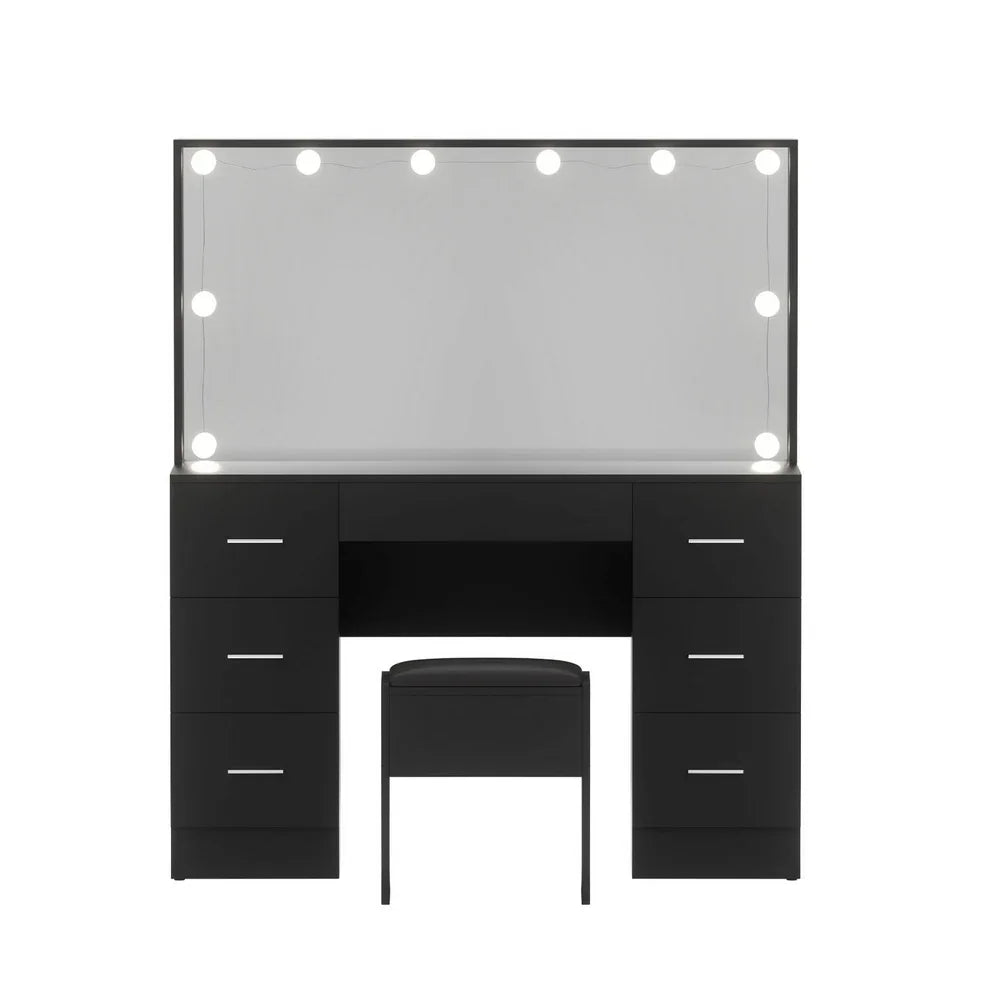 Dressing Table Black with 10 LED Bulbs & Stool - Artiss Vanity Desk