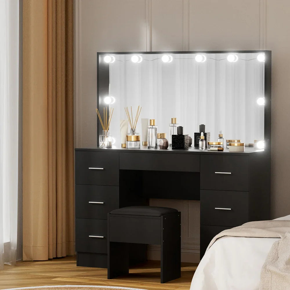 Dressing Table Black with 10 LED Bulbs & Stool - Artiss Vanity Desk
