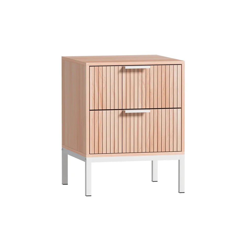 Modern two-drawer wood nightstand with vertical grooves and white metal legs